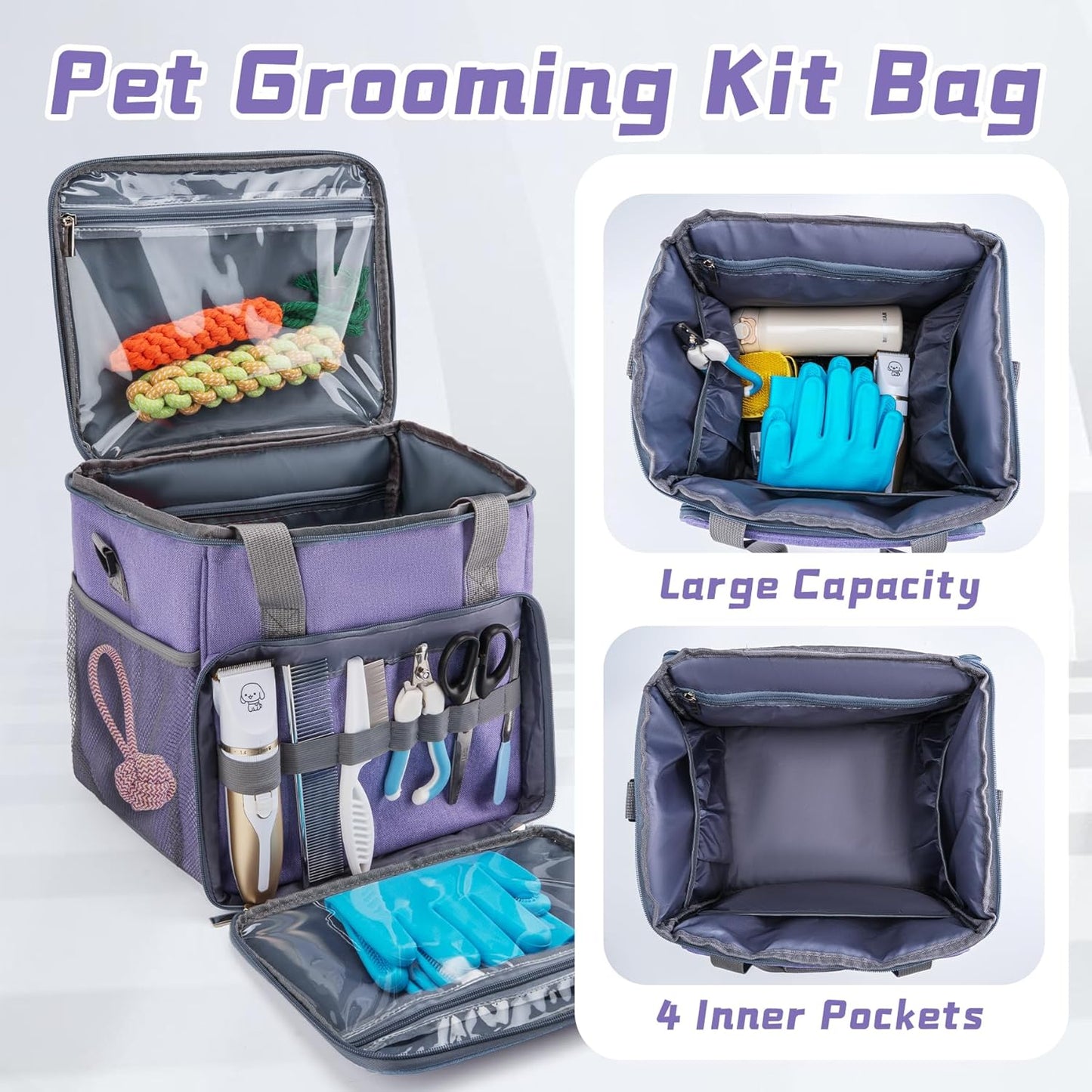 Pet Grooming Bag for Dog Grooming Supplies, Dog Tote Travel Bag for Pets Grooming Tools Kit Accessories - Light Purple