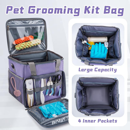 Pet Grooming Bag for Dog Grooming Supplies, Dog Tote Travel Bag for Pets Grooming Tools Kit Accessories - Light Purple