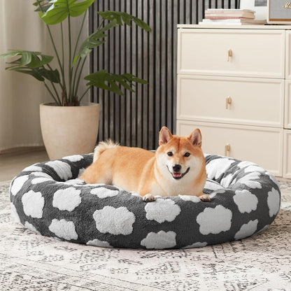 Donut Dog Bed Medium Size, Cute round Calming Pet Bed with Removable Washable Cover, Orthopedic Cat Puppy Bed with Jacquard Shaggy Plush & Non Skid Bottom