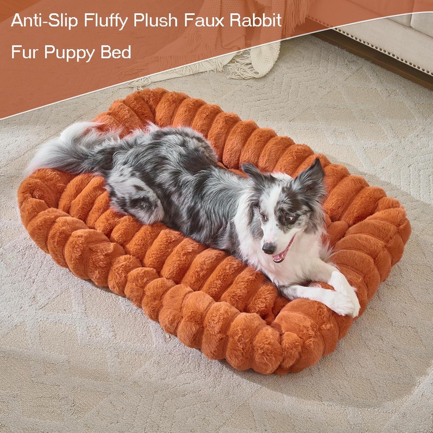 Luxury Dog Beds,Large Sized Dog Washable Furry Pet Beds,Comfort Rectangle Pet Sofa Couch with Ultra,Puppy Beds with Removable Zipper Cover,30X25X7.5Inches,Burnt Orange