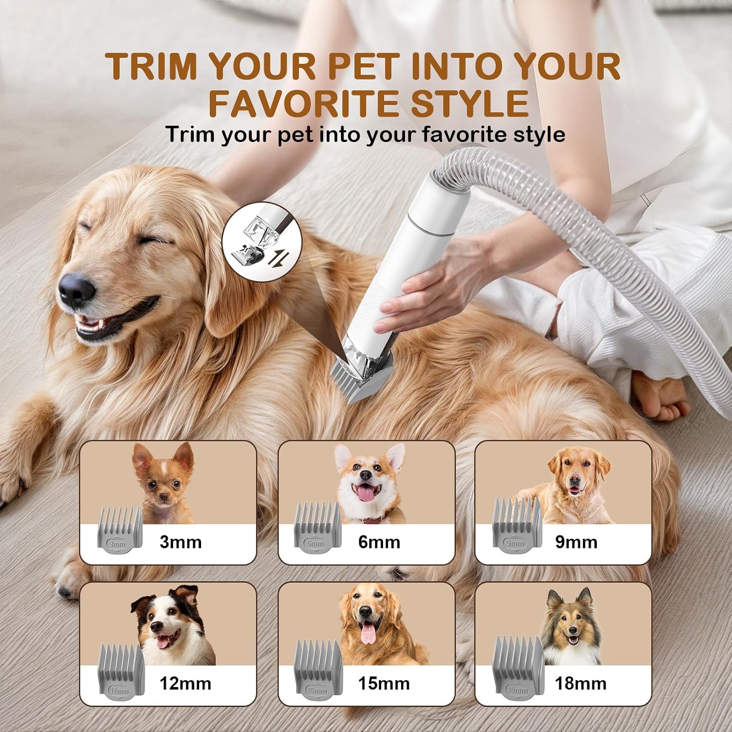 Dog Grooming Vacuum, Dog Grooming Kit with Pet Clipper Nail Grinder, 6 Pet Grooming Tools (Caramel)