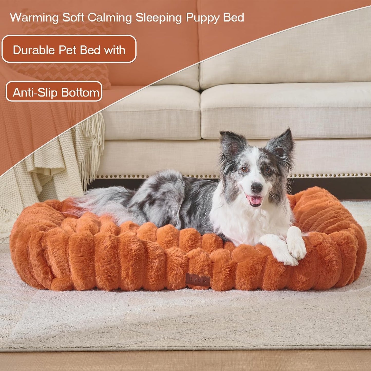 Luxury Dog Beds,Large Sized Dog Washable Furry Pet Beds,Comfort Rectangle Pet Sofa Couch with Ultra,Puppy Beds with Removable Zipper Cover,30X25X7.5Inches,Burnt Orange
