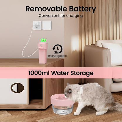 Cat Water Fountain, 1L Wireless Water Fountains for Cats Indoor - Battery Operated Cat Fountains for Drinking with Filter/Motion Sensor/Silent Pump