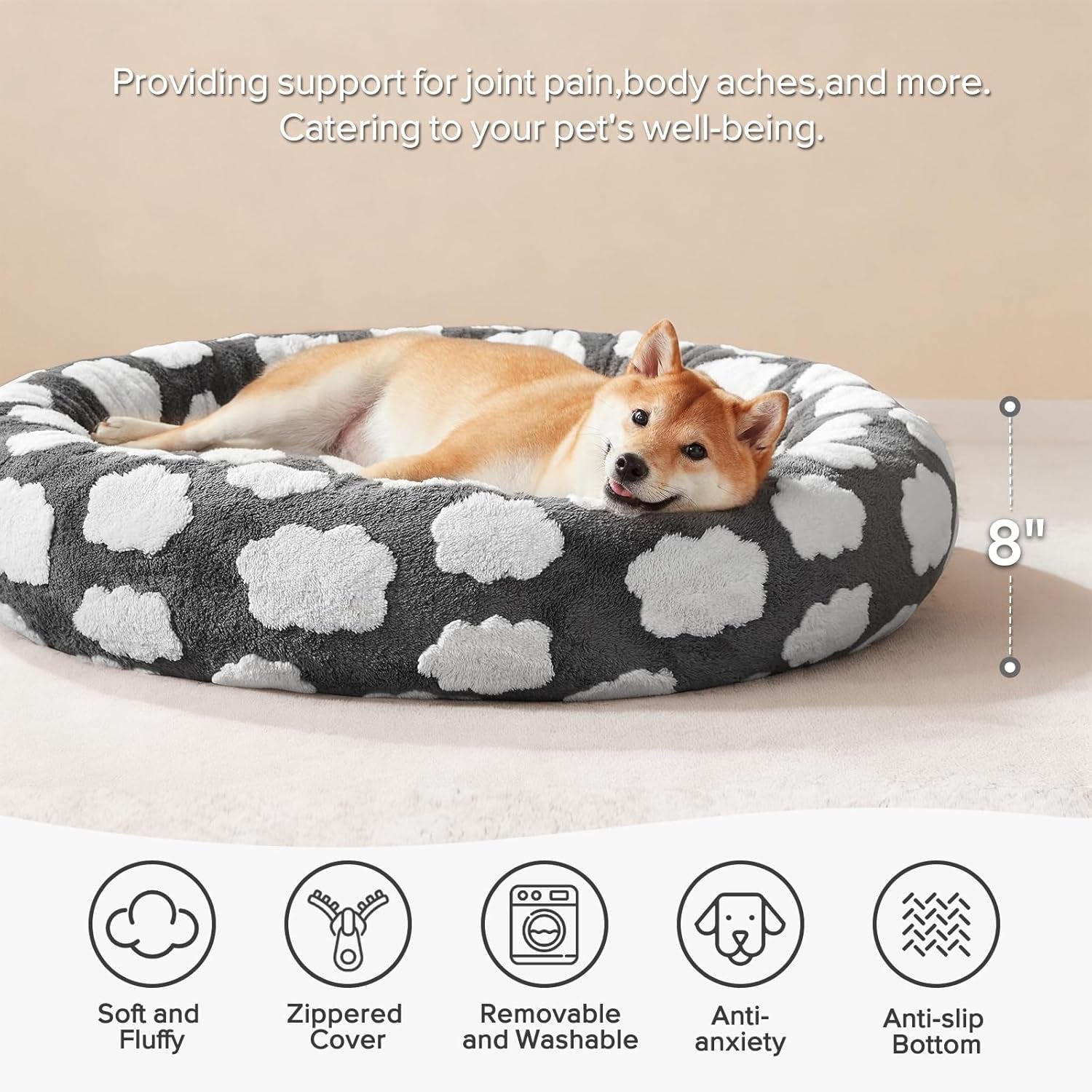 Donut Dog Bed Medium Size, Cute round Calming Pet Bed with Removable Washable Cover, Orthopedic Cat Puppy Bed with Jacquard Shaggy Plush & Non Skid Bottom