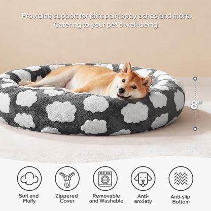 Donut Dog Bed Medium Size, Cute round Calming Pet Bed with Removable Washable Cover, Orthopedic Cat Puppy Bed with Jacquard Shaggy Plush & Non Skid Bottom