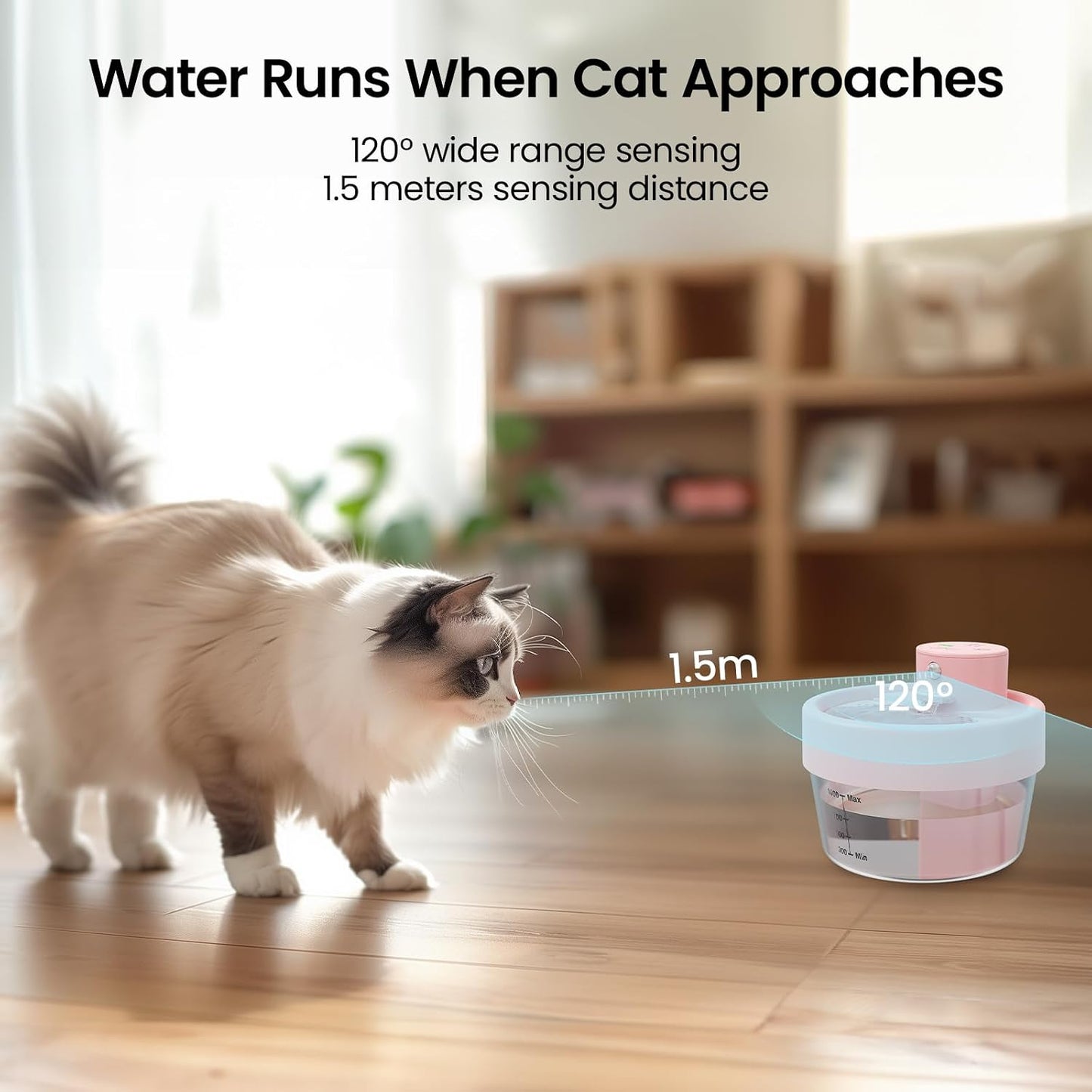 Cat Water Fountain, 1L Wireless Water Fountains for Cats Indoor - Battery Operated Cat Fountains for Drinking with Filter/Motion Sensor/Silent Pump