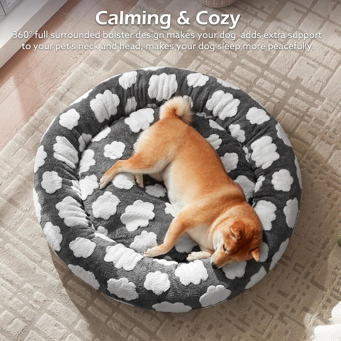 Donut Dog Bed Medium Size, Cute round Calming Pet Bed with Removable Washable Cover, Orthopedic Cat Puppy Bed with Jacquard Shaggy Plush & Non Skid Bottom