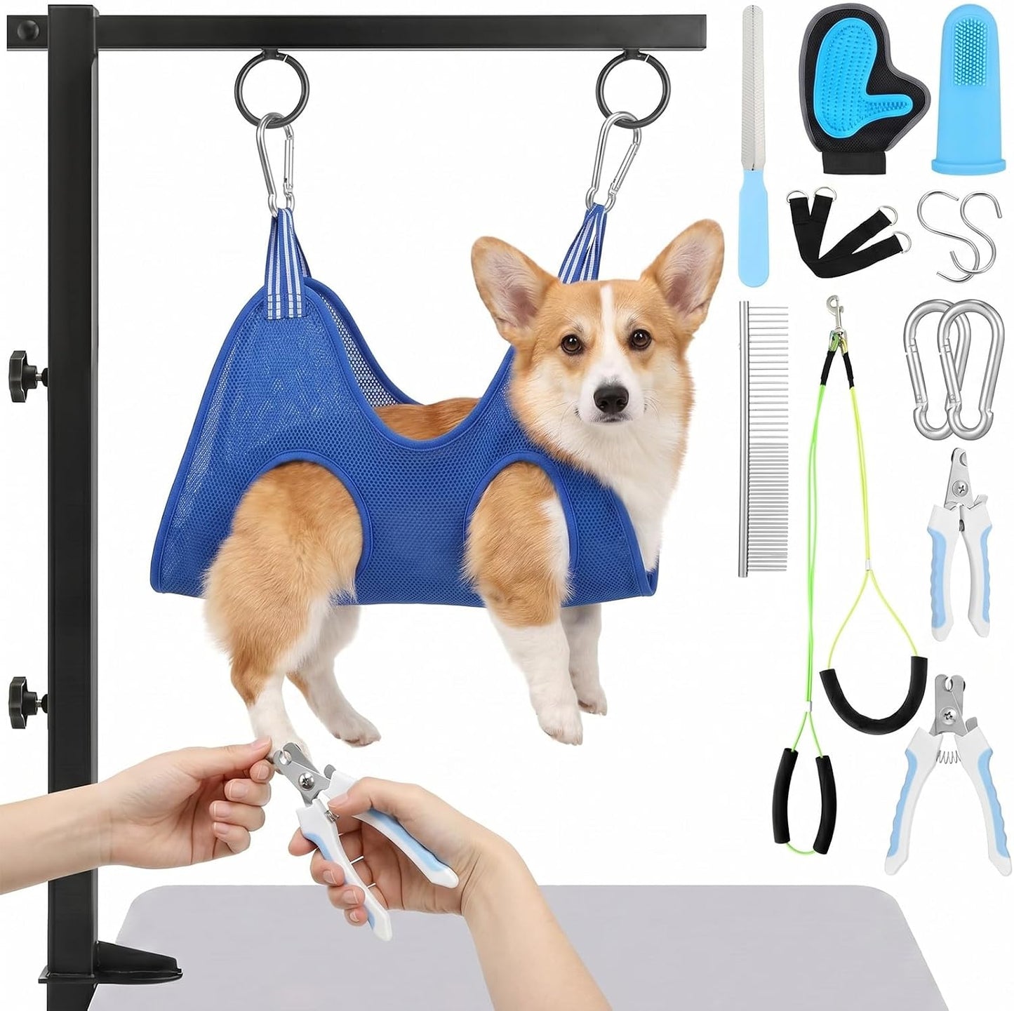 13 Pcs Adjustable Dog Grooming Arm with Clamps, Adjustable Height 27"-37", Pet Grooming Stand with Hammock and No-Sit Haunch Holders, Ideal Set for Small & Medium Dogs at Home or Salons