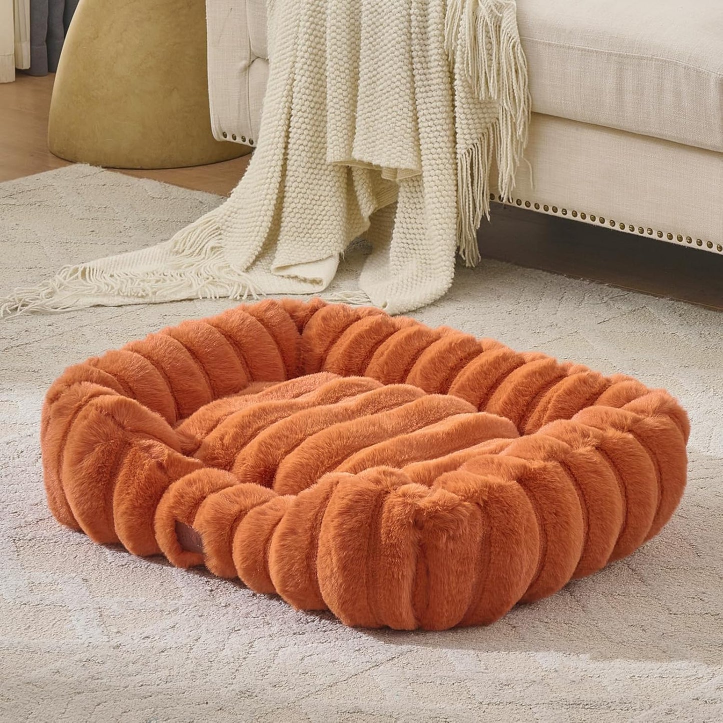 Luxury Dog Beds,Large Sized Dog Washable Furry Pet Beds,Comfort Rectangle Pet Sofa Couch with Ultra,Puppy Beds with Removable Zipper Cover,30X25X7.5Inches,Burnt Orange