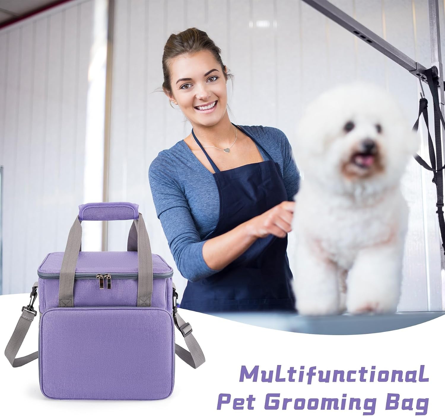 Pet Grooming Bag for Dog Grooming Supplies, Dog Tote Travel Bag for Pets Grooming Tools Kit Accessories - Light Purple