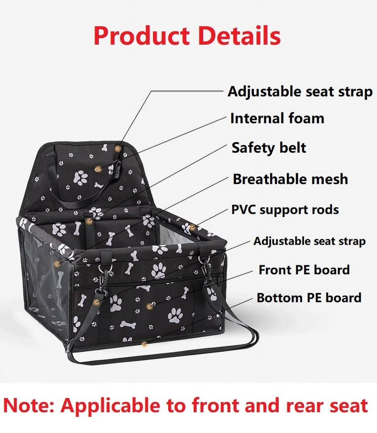 Pet Dog Cat Car Seat Booster for Small & Medium Pets, Portable Breathable Foldable Pet Carrier Seat Safety Anti-Collapse for Travel with Seat Belt, Gray Printed