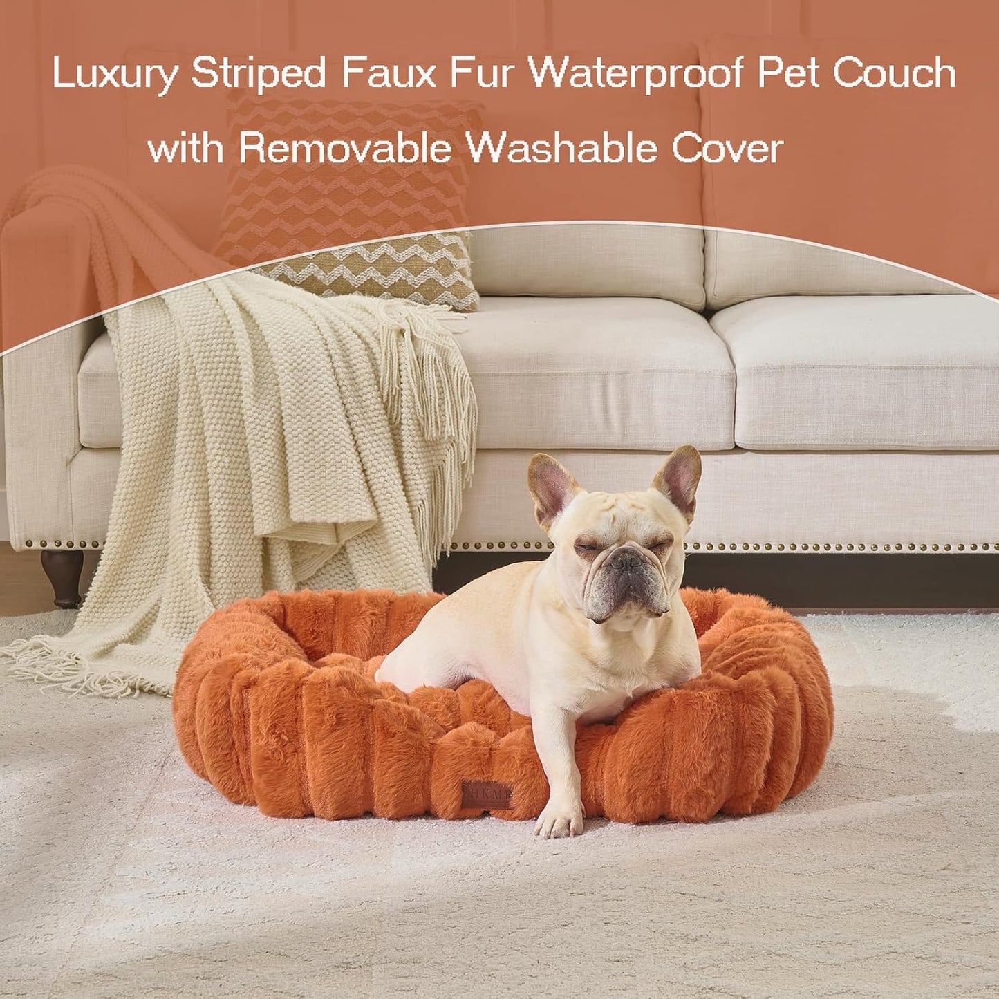 Luxury Dog Beds,Large Sized Dog Washable Furry Pet Beds,Comfort Rectangle Pet Sofa Couch with Ultra,Puppy Beds with Removable Zipper Cover,30X25X7.5Inches,Burnt Orange