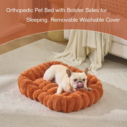 Luxury Dog Beds,Large Sized Dog Washable Furry Pet Beds,Comfort Rectangle Pet Sofa Couch with Ultra,Puppy Beds with Removable Zipper Cover,30X25X7.5Inches,Burnt Orange