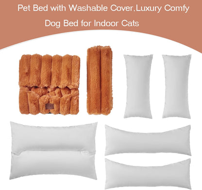 Luxury Dog Beds,Large Sized Dog Washable Furry Pet Beds,Comfort Rectangle Pet Sofa Couch with Ultra,Puppy Beds with Removable Zipper Cover,30X25X7.5Inches,Burnt Orange