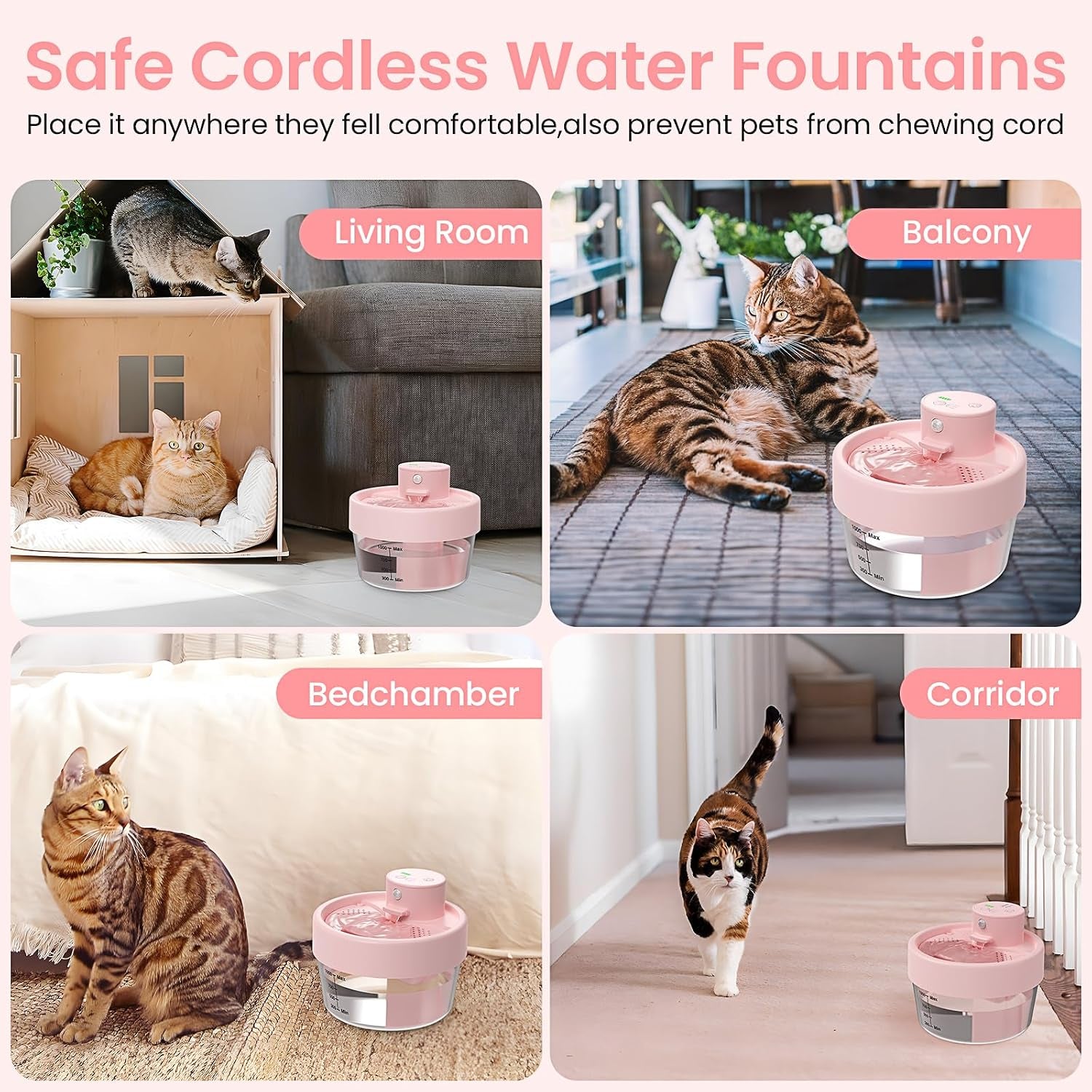 Cat Water Fountain, 1L Wireless Water Fountains for Cats Indoor - Battery Operated Cat Fountains for Drinking with Filter/Motion Sensor/Silent Pump